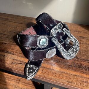 Rhinestone Belt Western Women's Cowgirl Crystal Studs Bling Silver Black leather